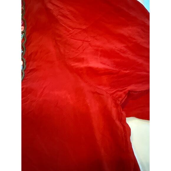 Johnny Was Rayon Red Floral Embroidered Long Tie Sleeve Blouse L Fair Condition* - Picture 9 of 9